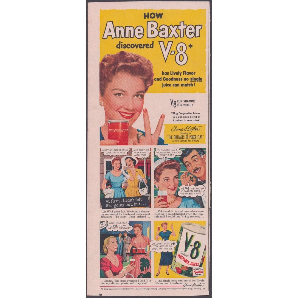Vintage 1952 V-8 Vegetable Juice Print Ad Anne Baxter Movie Star 5.5x13